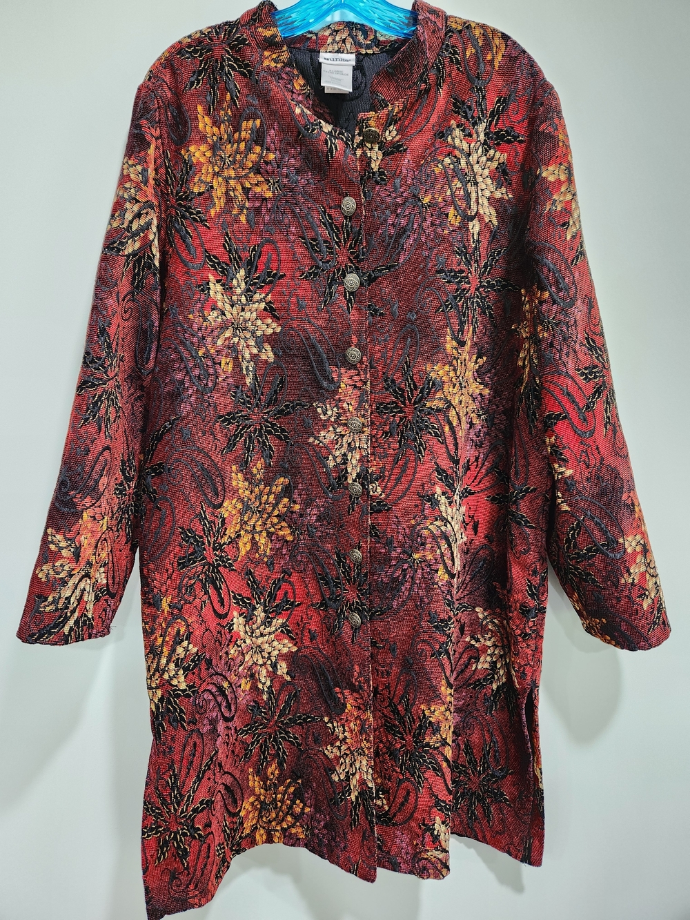 Women's Red Floral Jacquard Trench Coat Vintage